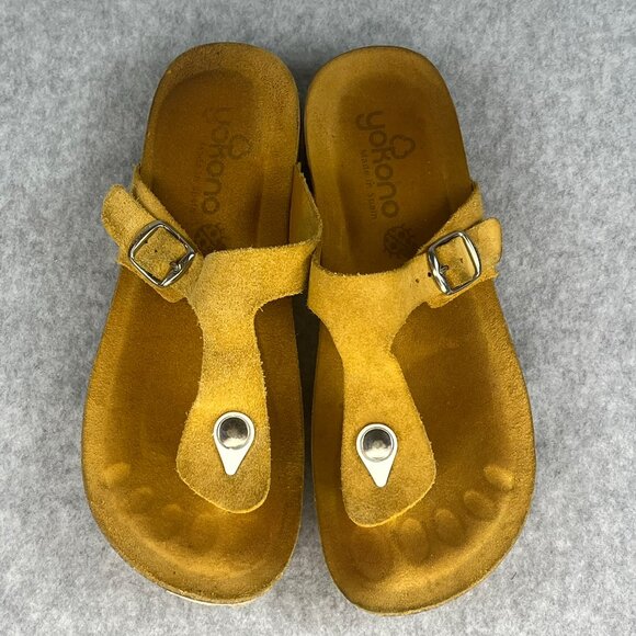 Yokono Suede Leather Thongs T-Strap Sandals Shoes 7.5 8 Yellow Cork Made Spain - Picture 6 of 11